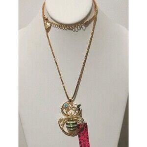 Betsey Johnson Spider Green Enamel AB Rhinestone Pendant Gold Tone Necklace New